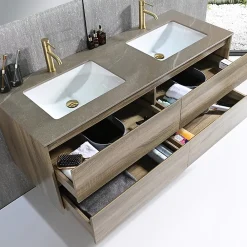 Luxury Bain Meuble salle de bain double vasque 140cm bois et effet marbre marron avec miroir LED LB-8475M-140