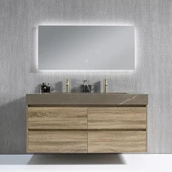 Luxury Bain Meuble salle de bain double vasque 120cm bois et effet marbre marron avec miroir LED LB-8476M-120