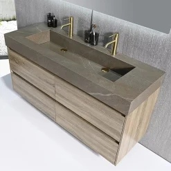 Luxury Bain Meuble salle de bain double vasque 120cm bois et effet marbre marron avec miroir LED LB-8476M-120