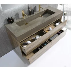 Luxury Bain Meuble salle de bain double vasque 120cm bois et effet marbre marron avec miroir LED LB-8476M-120