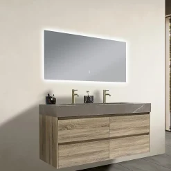 Ensemble Meuble De Salle De Bains|Luxury Bain Meuble salle de bain double vasque 140cm bois et effet marbre marron avec miroir LED LB-8476M-140