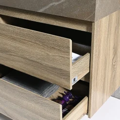 Ensemble Meuble De Salle De Bains|Luxury Bain Meuble salle de bain double vasque 140cm bois et effet marbre marron avec miroir LED LB-8476M-140