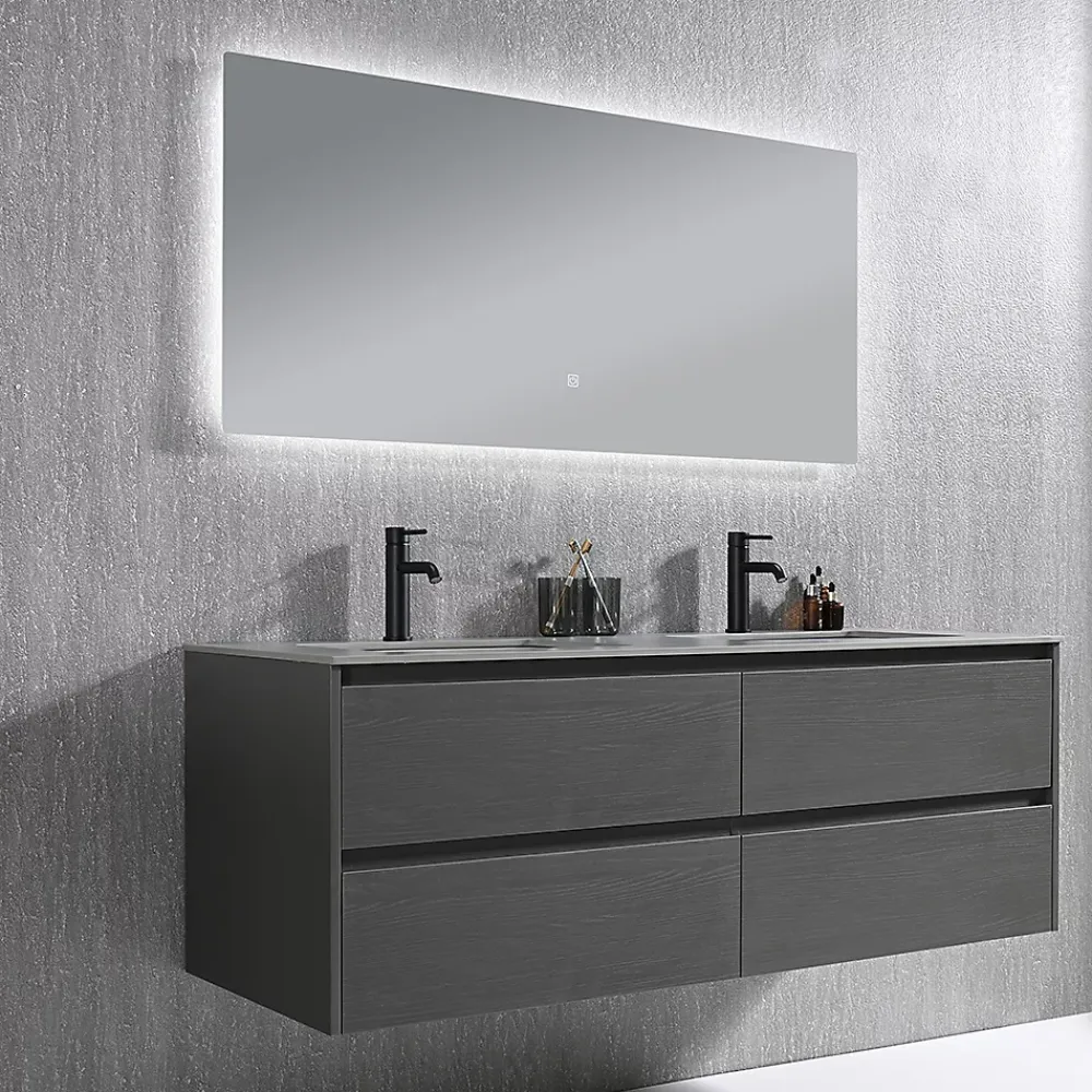 Ensemble Meuble De Salle De Bains|Luxury Bain Meuble salle de bain double vasque 140cm gris et effet marbre gris avec miroir LED LB-8475G-140