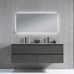 Ensemble Meuble De Salle De Bains|Luxury Bain Meuble salle de bain double vasque 140cm gris et effet marbre gris avec miroir LED LB-8475G-140
