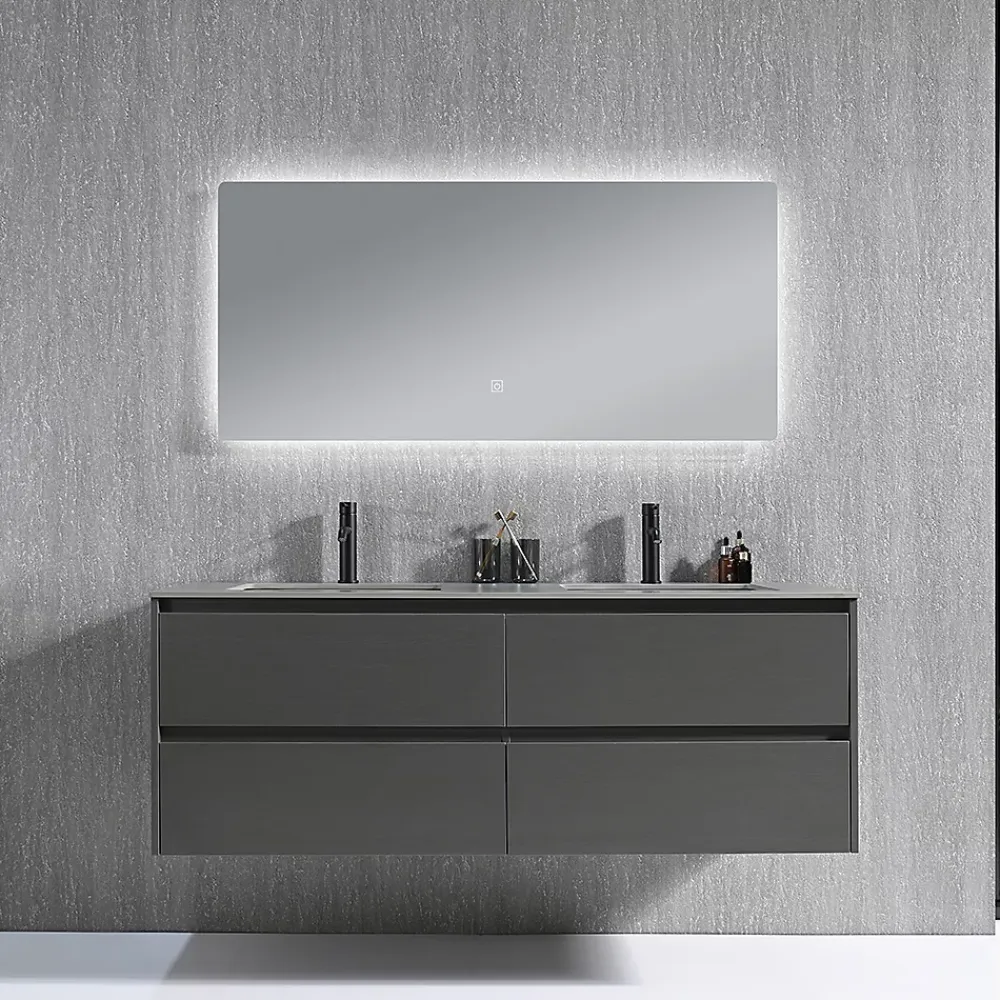 Ensemble Meuble De Salle De Bains|Luxury Bain Meuble salle de bain double vasque 140cm gris et effet marbre gris avec miroir LED LB-8475G-140