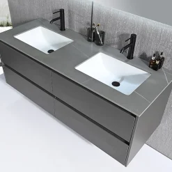 Ensemble Meuble De Salle De Bains|Luxury Bain Meuble salle de bain double vasque 140cm gris et effet marbre gris avec miroir LED LB-8475G-140