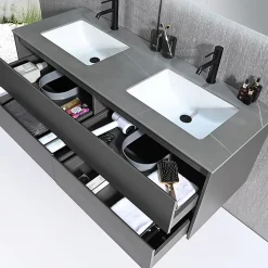 Ensemble Meuble De Salle De Bains|Luxury Bain Meuble salle de bain double vasque 140cm gris et effet marbre gris avec miroir LED LB-8475G-140