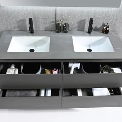 Ensemble Meuble De Salle De Bains|Luxury Bain Meuble salle de bain double vasque 140cm gris et effet marbre gris avec miroir LED LB-8475G-140