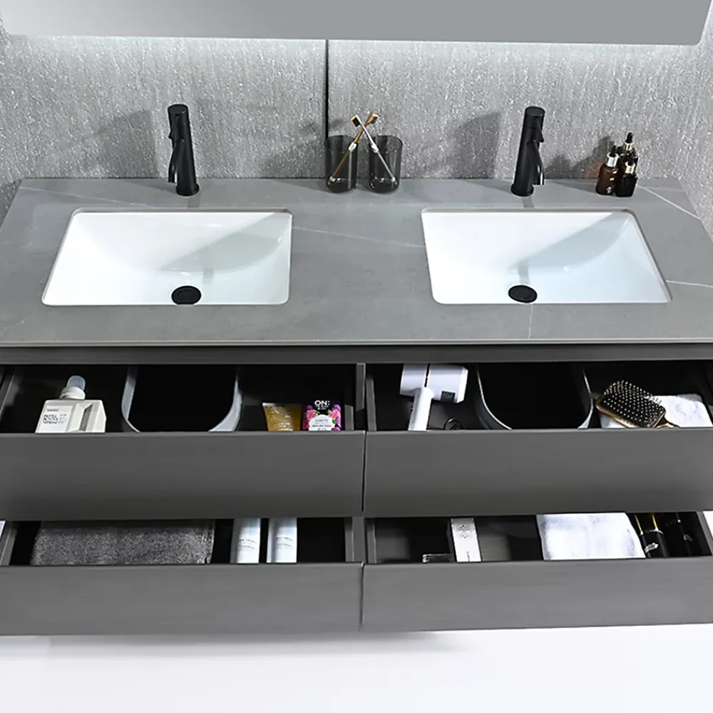 Ensemble Meuble De Salle De Bains|Luxury Bain Meuble salle de bain double vasque 140cm gris et effet marbre gris avec miroir LED LB-8475G-140