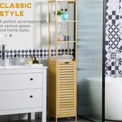 ProximaX Meuble salle de bain en bambou autoportant, 3 compartiments ouverts, poignée et système anti-basculement, gain de place