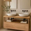 Meuble Sous-Vasque|Uniqka Meuble salle de bain en teck avec étagère en verre 140 cm -