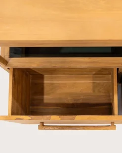 Meuble Sous-Vasque|Uniqka Meuble salle de bain en teck avec étagère en verre 140 cm -
