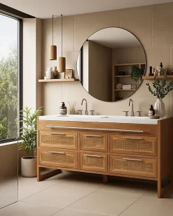 Meuble Sous-Vasque|Uniqka Meuble salle de bain en teck et terazzo beige 145 cm -