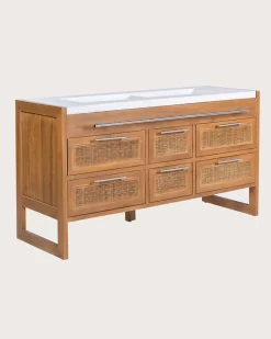 Meuble Sous-Vasque|Uniqka Meuble salle de bain en teck et terazzo beige 145 cm -