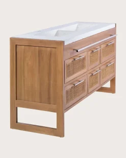 Meuble Sous-Vasque|Uniqka Meuble salle de bain en teck et terazzo beige 145 cm -