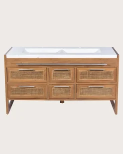 Meuble Sous-Vasque|Uniqka Meuble salle de bain en teck et terazzo beige 145 cm -