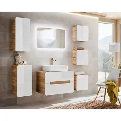 Armoire De Salle De Bains|Meublorama Meuble salle de bain ERBANO Chene clair et blanc brillant 35x75 cm 1 porte Meuble suspendu