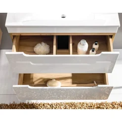 Armoire De Salle De Bains|Meublorama Meuble salle de bain ERBANO Chene clair et blanc brillant 35x75 cm 1 porte Meuble suspendu