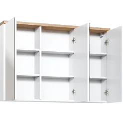 Armoire De Salle De Bains|Meublorama Meuble salle de bain ERMANO Chene clair et blanc brillant 100x69 cm 3 portes miroir Meuble suspendu