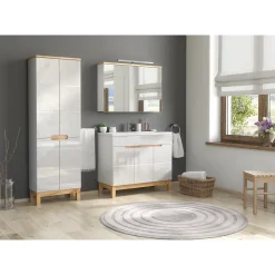 Armoire De Salle De Bains|Meublorama Meuble salle de bain ERMANO Chene clair et blanc brillant 100x69 cm 3 portes miroir Meuble suspendu
