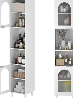 Colonne De Salle De Bains|Giantex Meuble Salle de Bain Haut avec 2 Placards à Porte Verre, 2 Compartiments Ouverts, Pieds Surélevés,35x30x180 CM