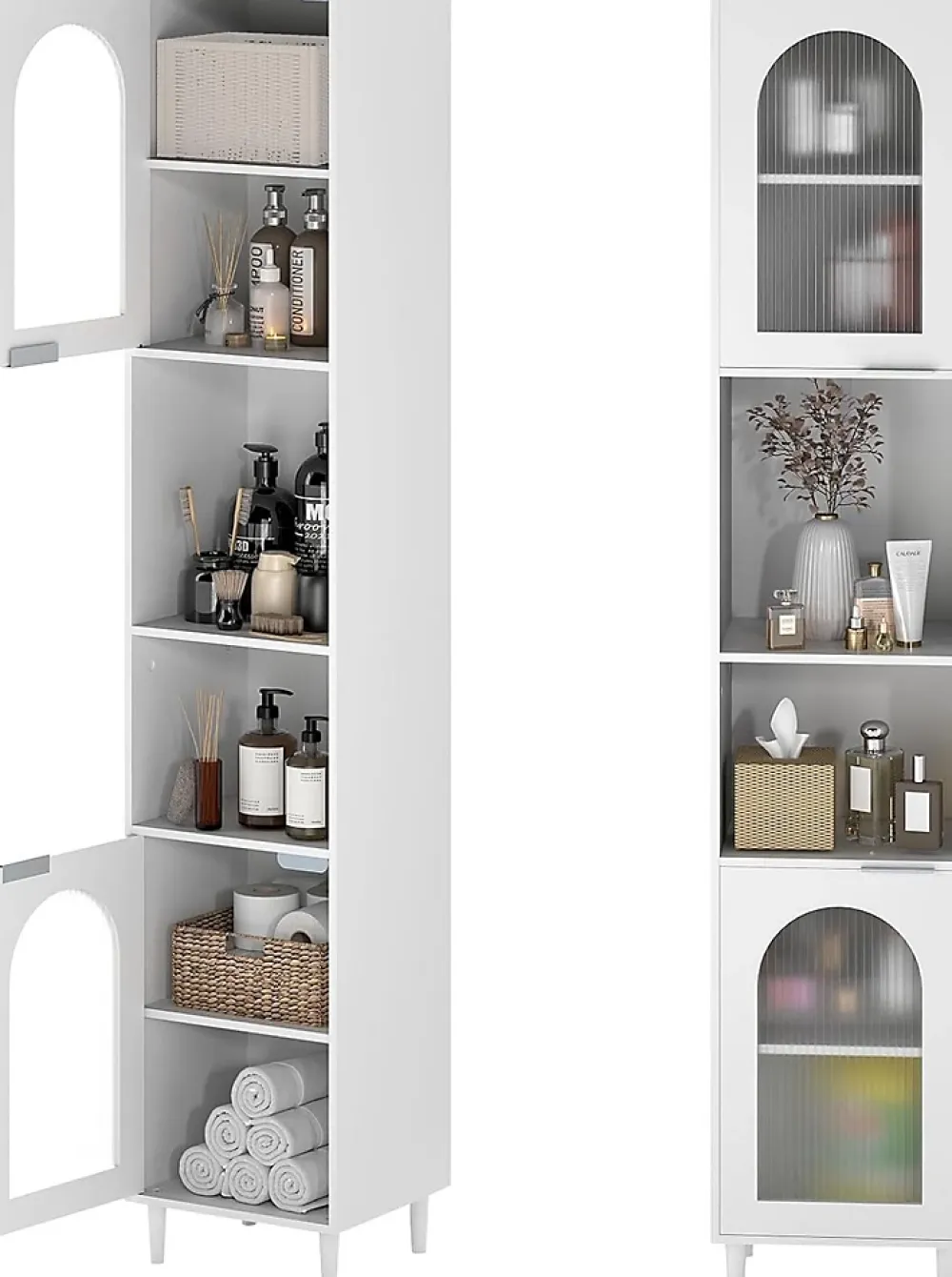 Colonne De Salle De Bains|Giantex Meuble Salle de Bain Haut avec 2 Placards à Porte Verre, 2 Compartiments Ouverts, Pieds Surélevés,35x30x180 CM