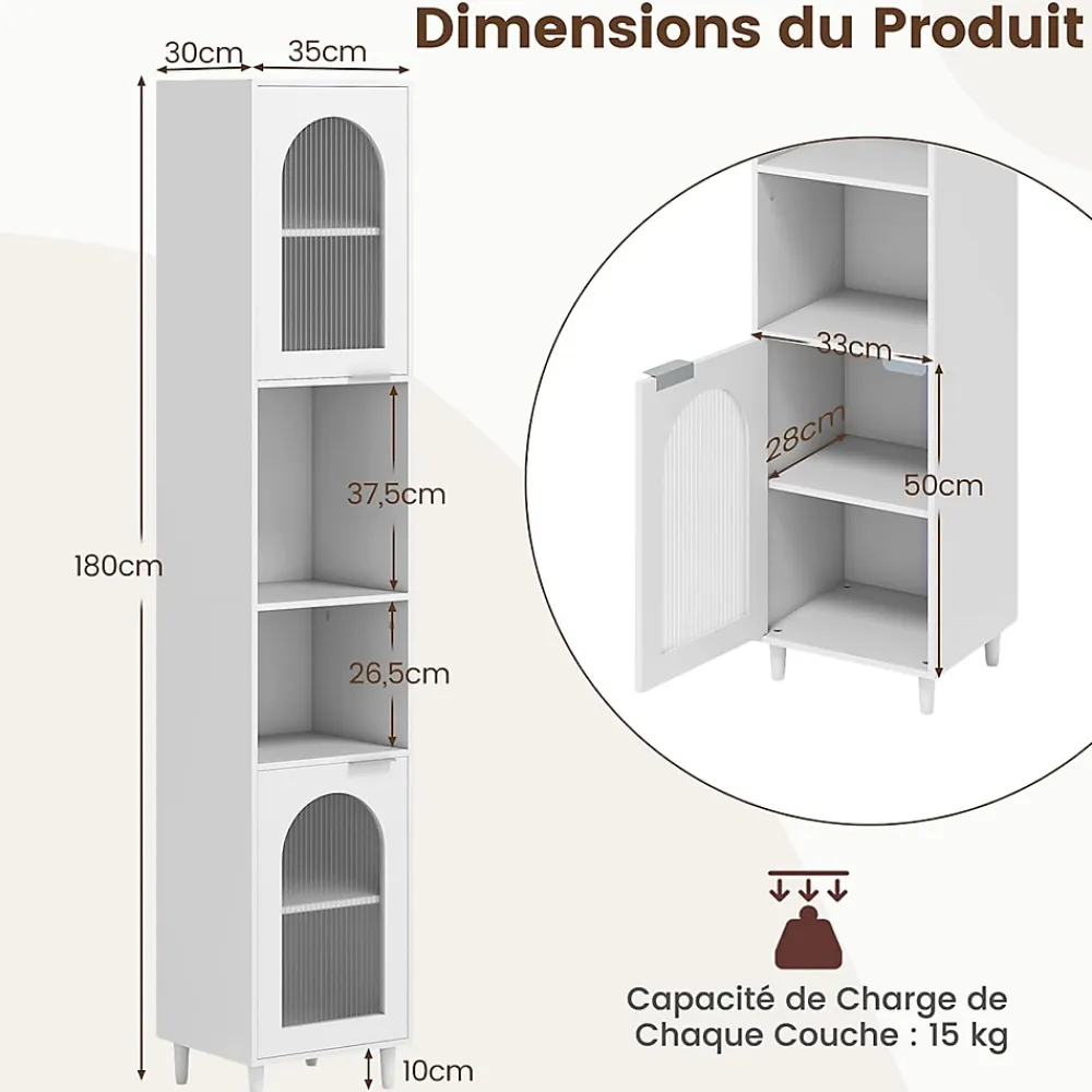 Colonne De Salle De Bains|Giantex Meuble Salle de Bain Haut avec 2 Placards à Porte Verre, 2 Compartiments Ouverts, Pieds Surélevés,35x30x180 CM
