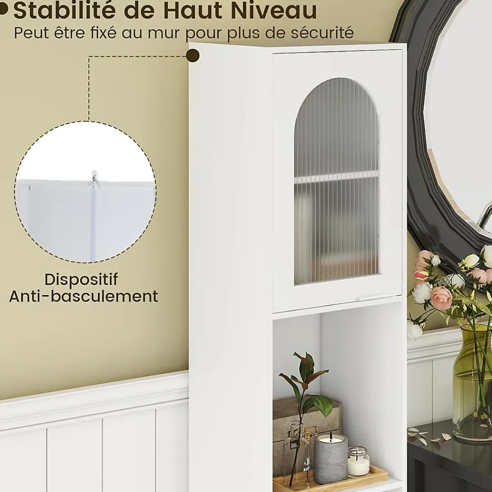 Colonne De Salle De Bains|Giantex Meuble Salle de Bain Haut avec 2 Placards à Porte Verre, 2 Compartiments Ouverts, Pieds Surélevés,35x30x180 CM