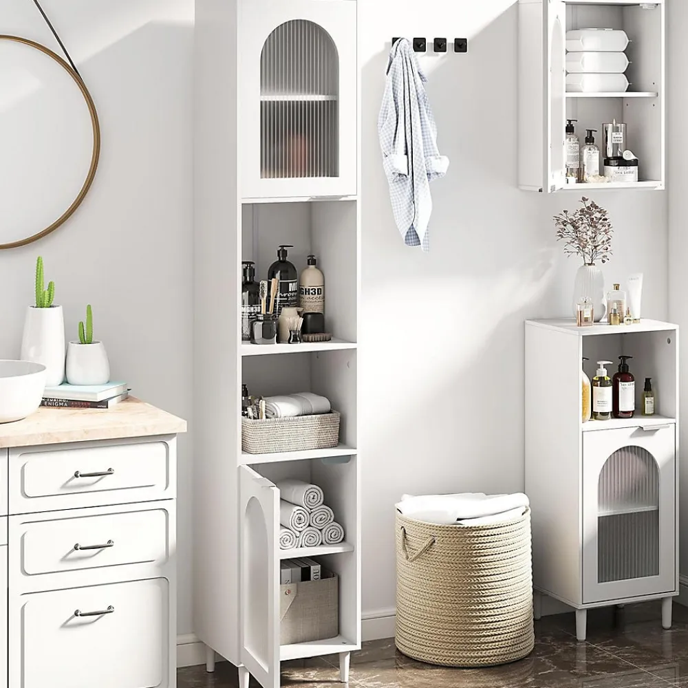 Colonne De Salle De Bains|Giantex Meuble Salle de Bain Haut avec 2 Placards à Porte Verre, 2 Compartiments Ouverts, Pieds Surélevés,35x30x180 CM