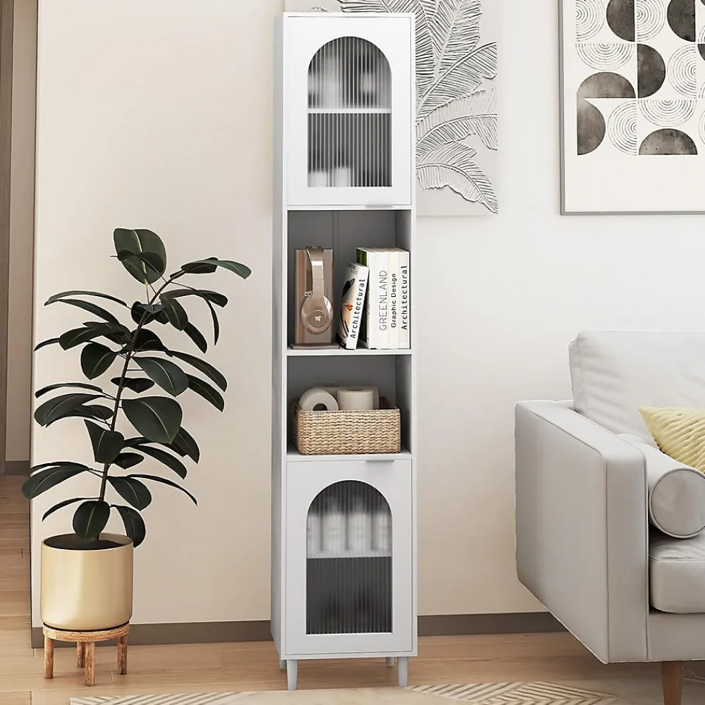 Colonne De Salle De Bains|Giantex Meuble Salle de Bain Haut avec 2 Placards à Porte Verre, 2 Compartiments Ouverts, Pieds Surélevés,35x30x180 CM