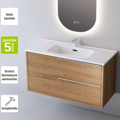Sanizéo Meuble Salle de Bain LISTELLO 81 cm x H54 x P45 cm, Plan Vasque Cérame, 2 Tiroirs Impression 3D Poignée Inox, Chêne Clair