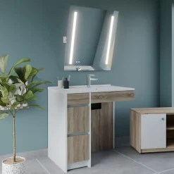 Cuisibane Meuble salle de bain PMR ANDY PLUS 90 cm bois et blanc + miroir Rota Plus