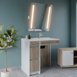 Cuisibane Meuble salle de bain PMR ANDY PLUS 90 cm bois et blanc + miroir Rota Plus