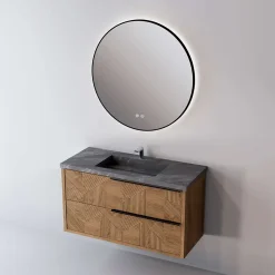 Sanizéo Meuble Salle de Bain REEL 101 cm x H54 x P45 cm, Plan Vasque Grès Cérame NA, 2 Tiroirs Impression 3D Poignée Noir, Chêne Moyen