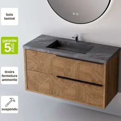 Sanizéo Meuble Salle de Bain REEL 101 cm x H54 x P45 cm, Plan Vasque Grès Cérame NA, 2 Tiroirs Impression 3D Poignée Noir, Chêne Moyen