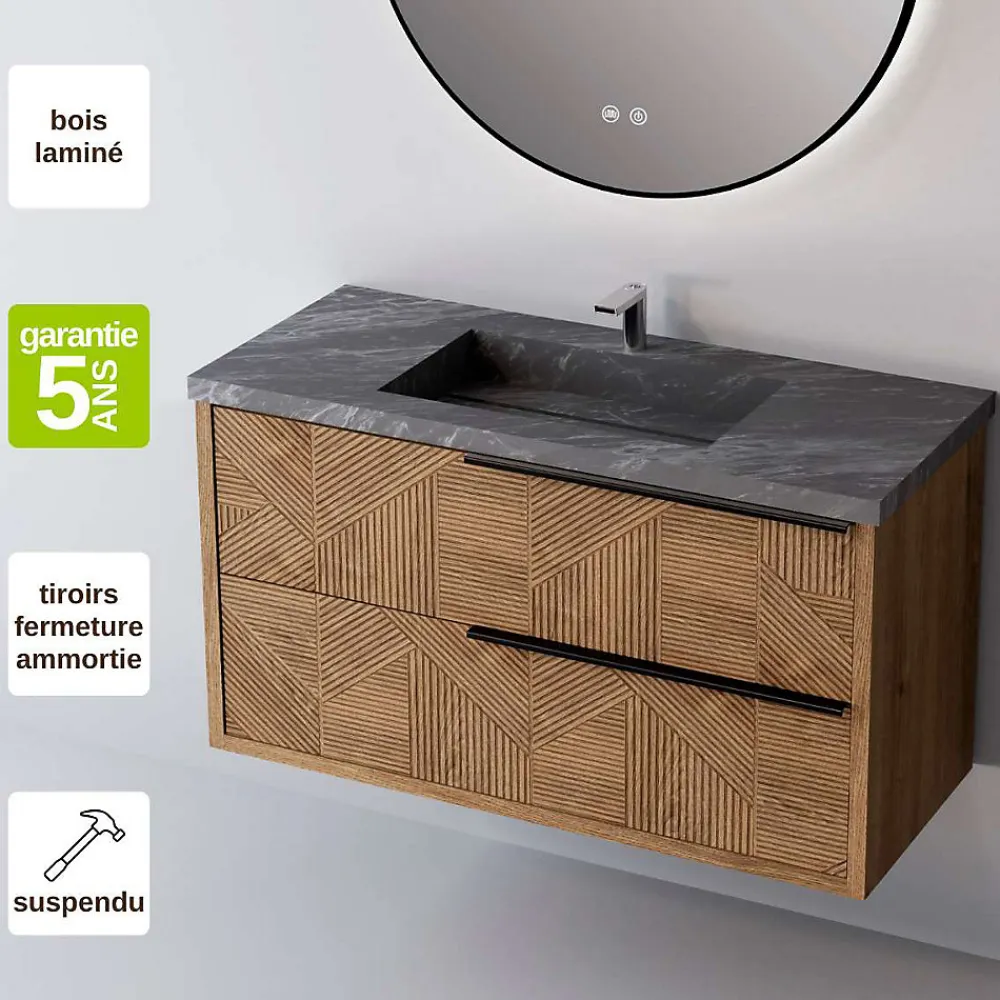 Sanizéo Meuble Salle de Bain REEL 101 cm x H54 x P45 cm, Plan Vasque Grès Cérame NA, 2 Tiroirs Impression 3D Poignée Noir, Chêne Moyen