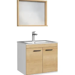 Ensemble Meuble De Salle De Bains|Saniverre Meuble salle de bain RUBITE simple vasque 2 portes Chêne clair L. 60 cm + miroir cadre -