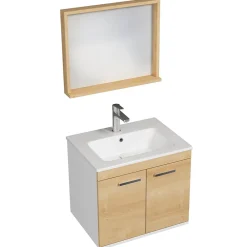 Ensemble Meuble De Salle De Bains|Saniverre Meuble salle de bain RUBITE simple vasque 2 portes Chêne clair L. 60 cm + miroir cadre -