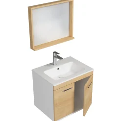 Ensemble Meuble De Salle De Bains|Saniverre Meuble salle de bain RUBITE simple vasque 2 portes Chêne clair L. 60 cm + miroir cadre -