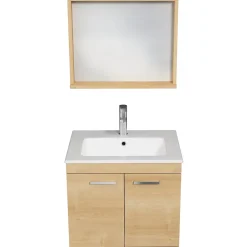 Ensemble Meuble De Salle De Bains|Saniverre Meuble salle de bain RUBITE simple vasque 2 portes Chêne clair L. 60 cm + miroir cadre -