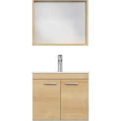 Ensemble Meuble De Salle De Bains|Saniverre Meuble salle de bain RUBITE simple vasque 2 portes Chêne clair L. 60 cm + miroir cadre -