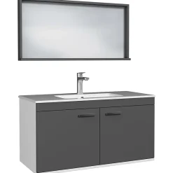 Ensemble Meuble De Salle De Bains|Saniverre Meuble salle de bain RUBITE simple vasque 2 portes Gris anthracite L. 100 cm + miroir cadre -