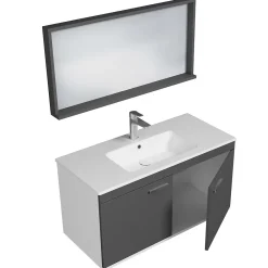 Ensemble Meuble De Salle De Bains|Saniverre Meuble salle de bain RUBITE simple vasque 2 portes Gris anthracite L. 100 cm + miroir cadre -