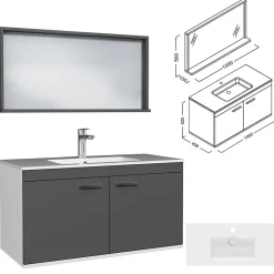 Ensemble Meuble De Salle De Bains|Saniverre Meuble salle de bain RUBITE simple vasque 2 portes Gris anthracite L. 100 cm + miroir cadre -