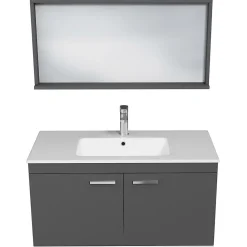 Ensemble Meuble De Salle De Bains|Saniverre Meuble salle de bain RUBITE simple vasque 2 portes Gris anthracite L. 100 cm + miroir cadre -