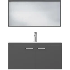 Ensemble Meuble De Salle De Bains|Saniverre Meuble salle de bain RUBITE simple vasque 2 portes Gris anthracite L. 100 cm + miroir cadre -