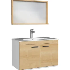 Ensemble Meuble De Salle De Bains|Saniverre Meuble salle de bain RUBITE simple vasque 2 portes Chêne clair L. 80 cm + miroir cadre -