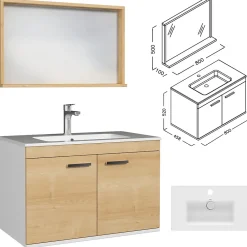 Ensemble Meuble De Salle De Bains|Saniverre Meuble salle de bain RUBITE simple vasque 2 portes Chêne clair L. 80 cm + miroir cadre -