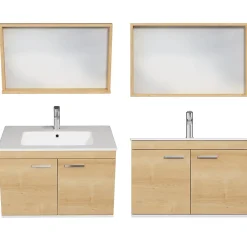 Ensemble Meuble De Salle De Bains|Saniverre Meuble salle de bain RUBITE simple vasque 2 portes Chêne clair L. 80 cm + miroir cadre -