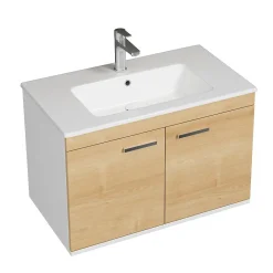 Ensemble Meuble De Salle De Bains|Saniverre Meuble salle de bain RUBITE simple vasque 2 portes Chêne clair L. 80 cm + miroir cadre -